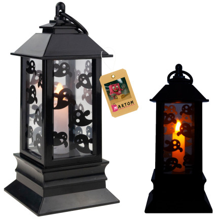Lampion świeczka led, czarny, z wzorem w duchy, dekoracja Halloween, imituje płomień, 20cm wysokości
