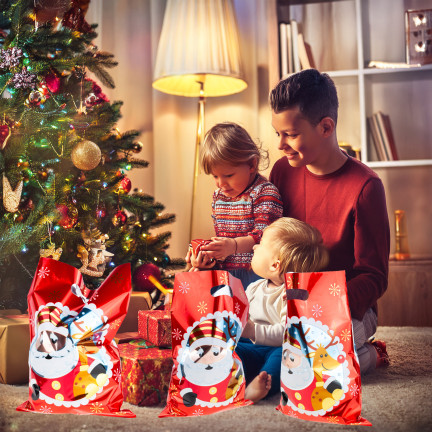 Worki prezentowe, torebki na prezenty, foliowe woreczki, Mikołajki, świąteczne, zestaw 10szt. 