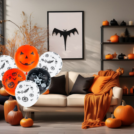 Balony lateksowe, mix kolorów, mix wzorów, z motywem Halloween, z dyniami, zestaw 6szt.