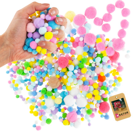 Pompony kreatywne, pluszowe, mix kolorów, mix rozmiarów, pastelowe, 1-3cm, zestaw 450szt.