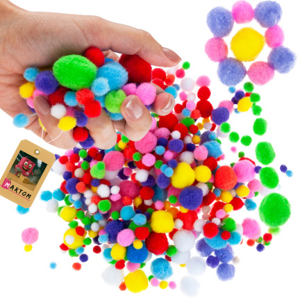 Pompony kreatywne, pluszowe, mix kolorów, mix rozmiarów, do rękodzieła, 1-3cm, zestaw 450szt.