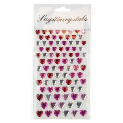 Kryształki samoprzylepne, naklejki cyrkonie, serca, serduszka, mix kolorów, zestaw 87szt.