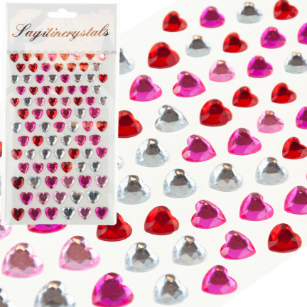 Kryształki samoprzylepne, naklejki cyrkonie, serca, serduszka, mix kolorów, zestaw 87szt.