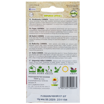 W1194 RZODKIEWKA NASIONA RZODKIEWKI CARMEN CZERWONA WCZESNA ŁAGODNA NIE PARCIEJE 10G