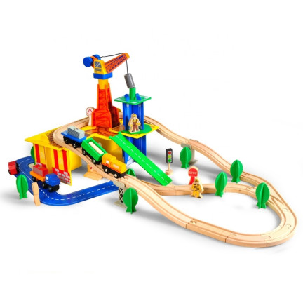 TG50062 KOLEJKA DREWNIANA z dźwigiem 80el. pociąg auta TOR