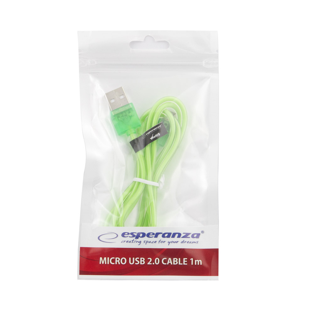 EB184G ESPERANZA KABEL MICRO USB 2.0 A-B M/M 1.0M ZIELONY TRANSPARENTNY