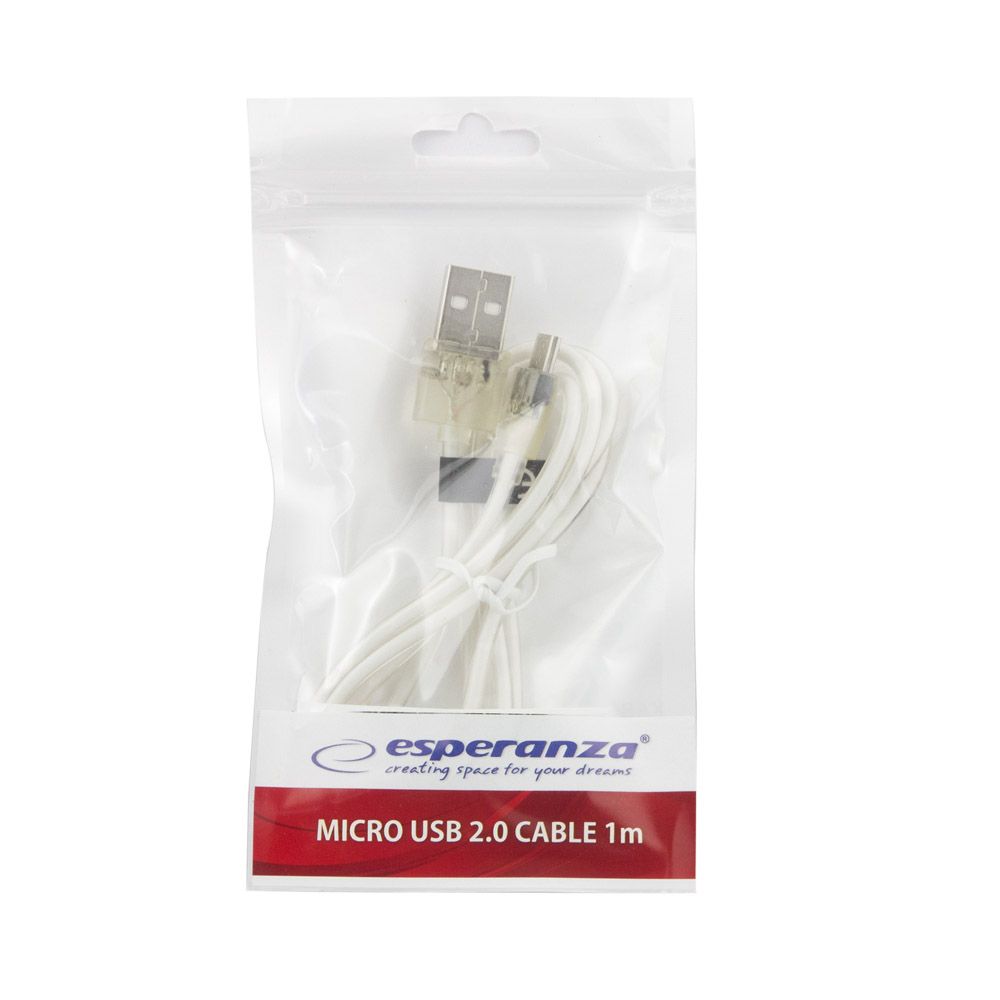 EB184W ESPERANZA KABEL MICRO USB 2.0 A-B M/M 1.0M BIAŁY TRANSPARENTNY