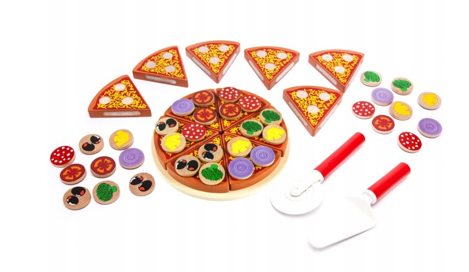 TG50033 DREWNIANA PIZZA DO KROJENIA UKŁADANKA NA RZEP RZEPY AKCESORIA NÓŻ