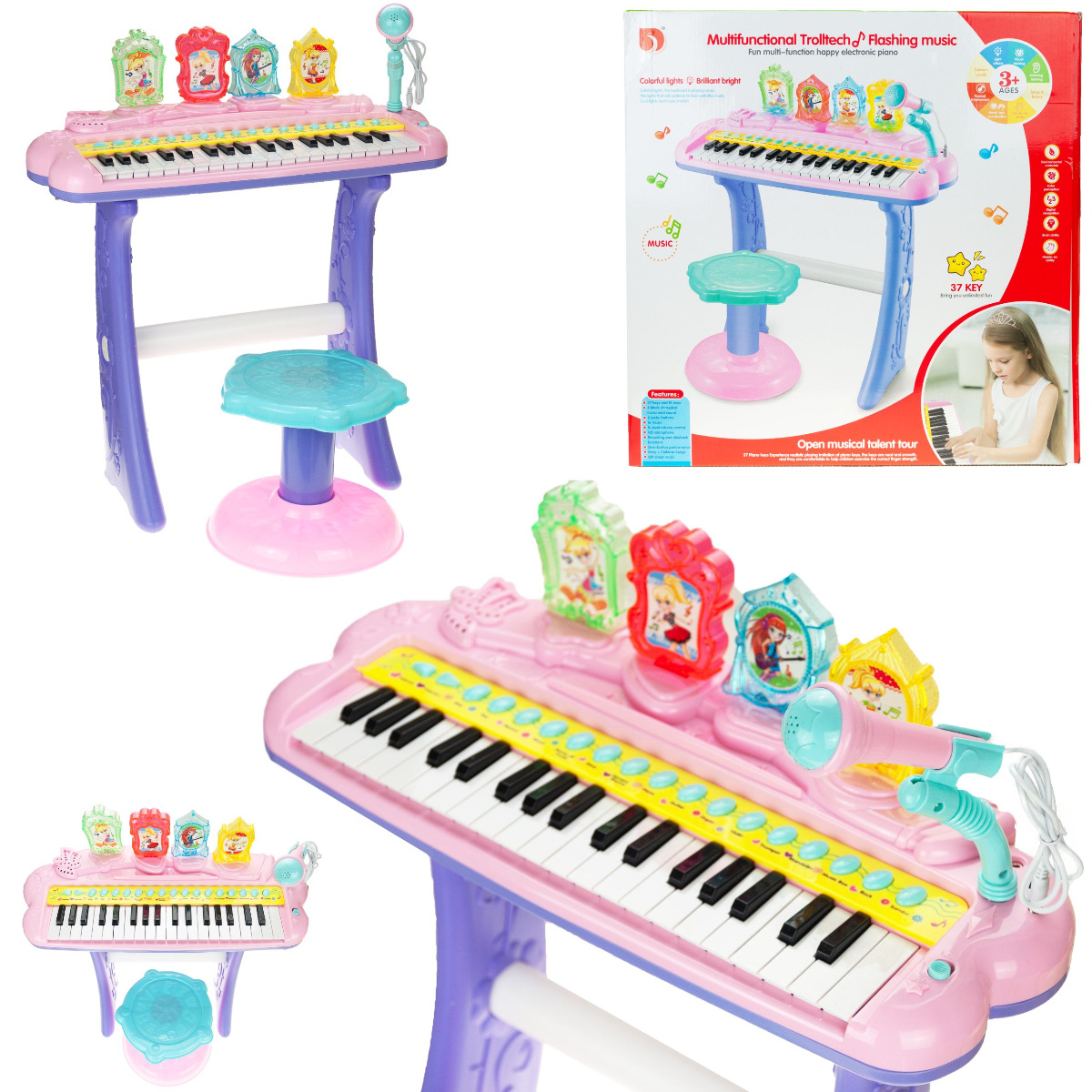 TG55491-1 PIANINKO KEYBOARD DLA DZIECI z TABORETEM i MIKROFONEM muzyka świeci piosenki zdjęcie 1