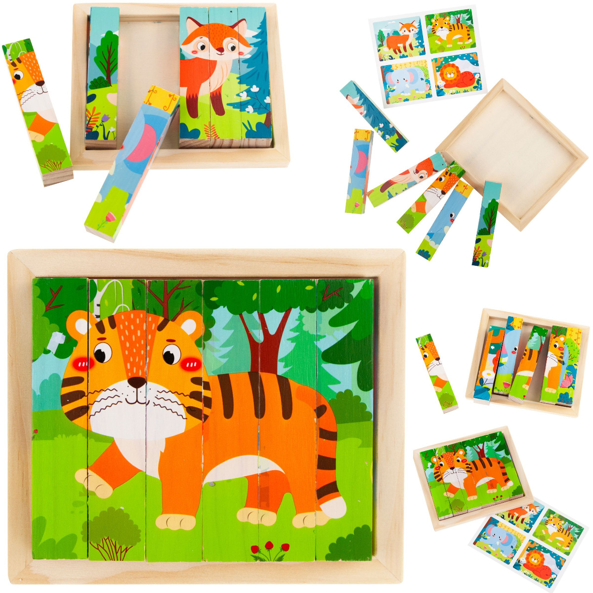 TG67009 PUZZLE KLOCKI UKŁADANKA DREWNIANA ZWIERZĘTA 4W1 ZOO SAFARI EDUKACYJNE zdjęcie 1